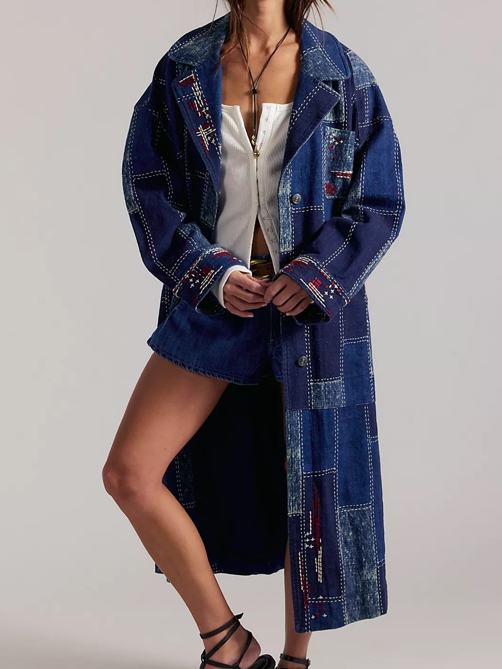 Free People We The Free Open Studio Duster - Blue Indigo Patchwork - M/L - NWT
